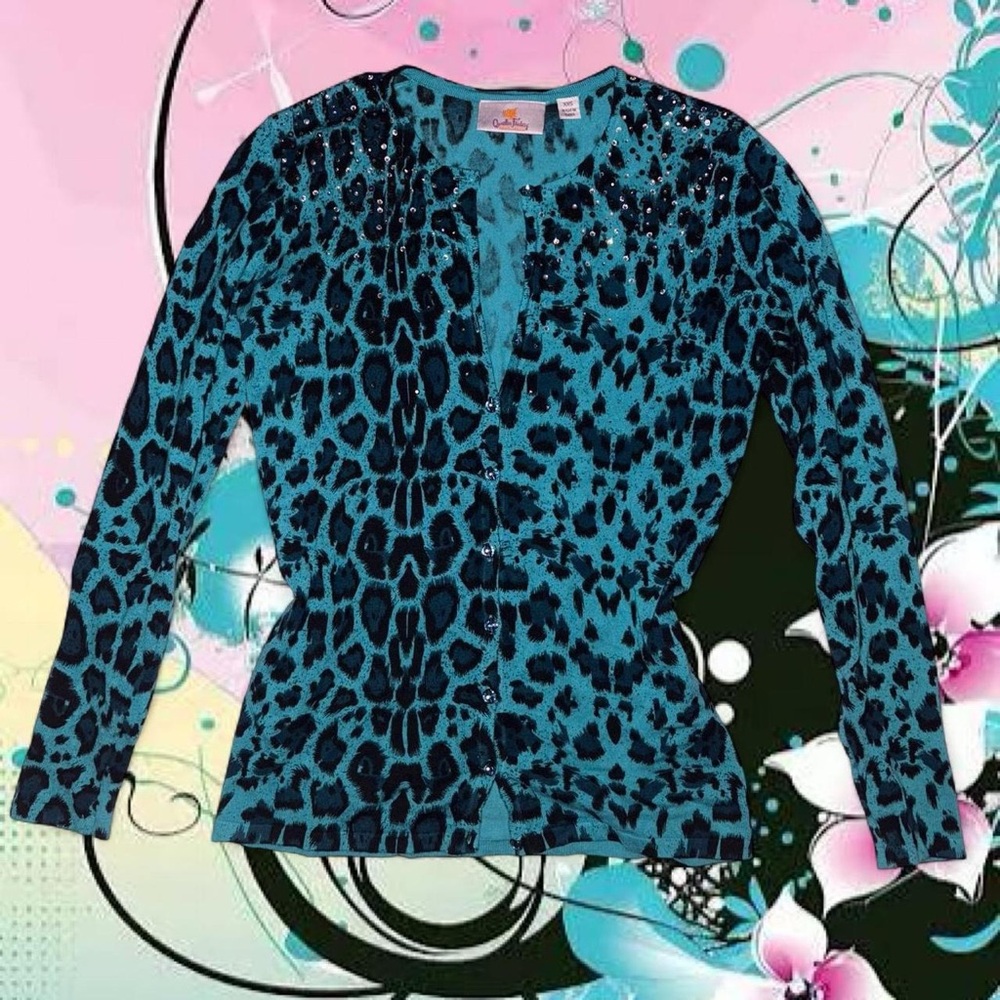 vtg y2k quacker factory mcbling scene bling cheetah print cardigan, fits xxs-sm